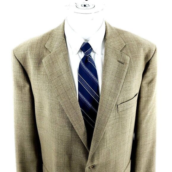 Pronto Uomo‎ Worsted Wool 2 Button Blazer 44L Tan Sharkskin Blue Windowpane - Picture 1 of 10